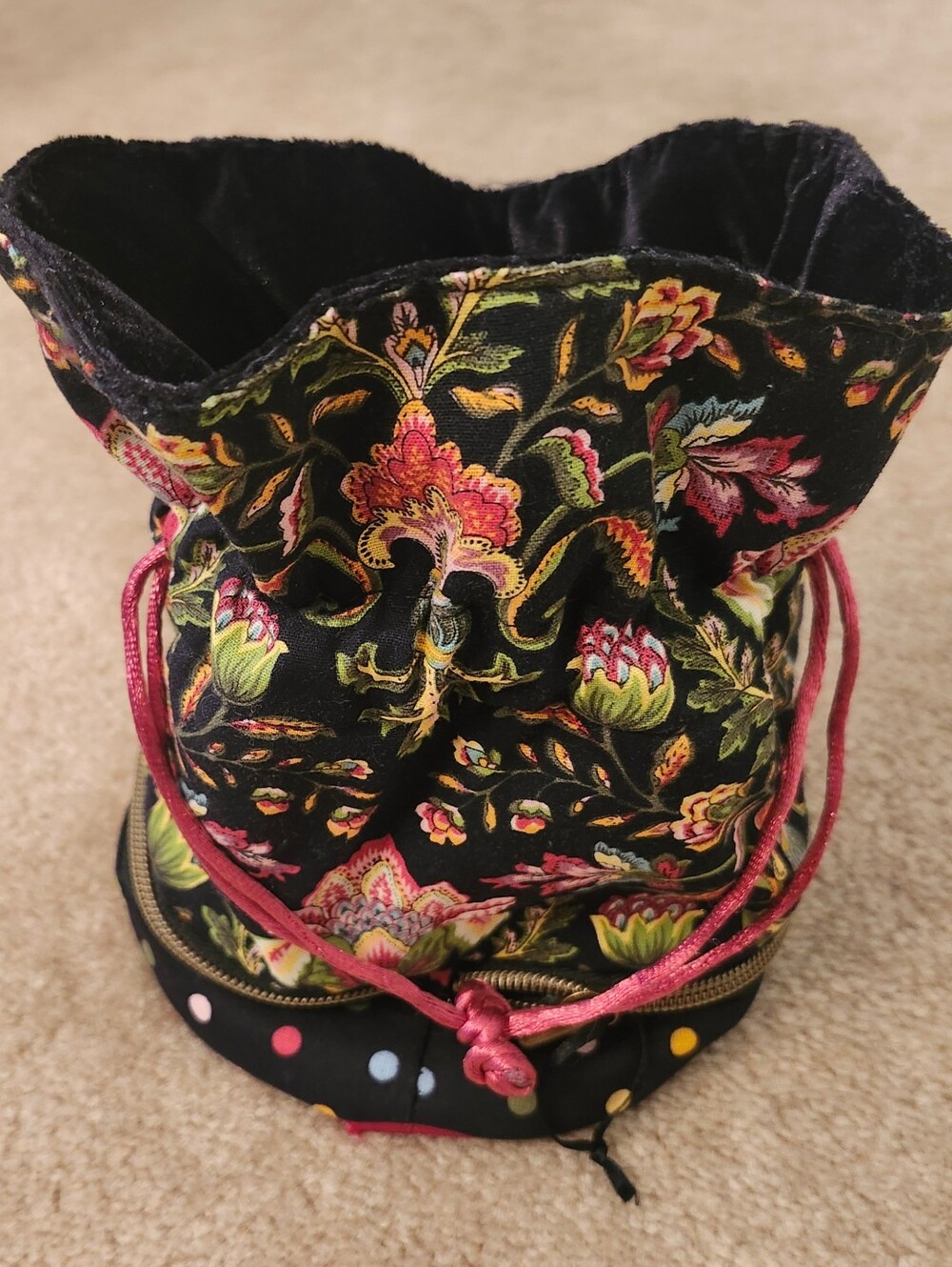 Cotton/Velvet Floral Drawstring Pouch - Black with Multicolor Accents